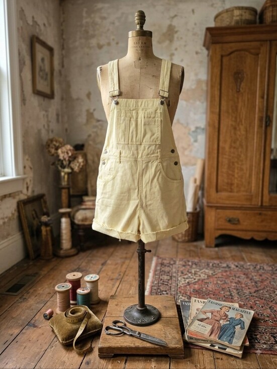 Moda International Pants - Vintage 90s Moda International Pastel Yellow Denim Shortalls Overalls Size Small
